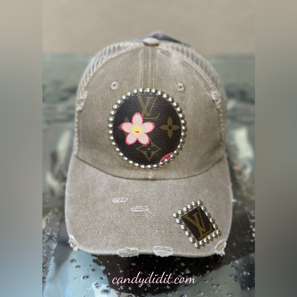 Unique Handmade Cherry Blossom Distressed Studded LV Tan Ball Cap - Picture 11 of 11